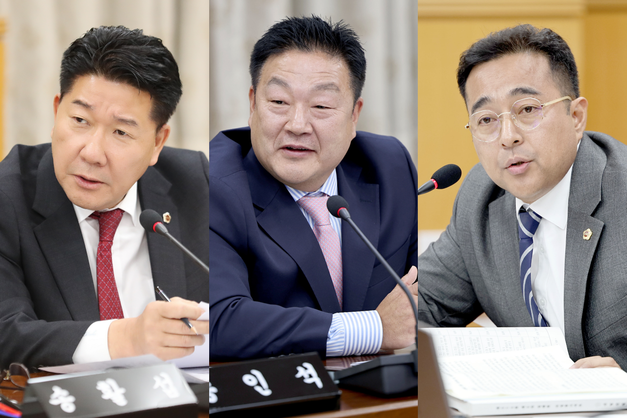 대전시가 수소연료전지로 트램 급전방식을 확정한 가운데, 대전시의회 행정사무감사에서 운행 안정성에 대한 우려가 제기됐다. 사진 왼쪽부터 국민의힘 송활섭(대덕구), 송인석(동구1), 김영삼(서구2) 의원. 대전시의회 제공.