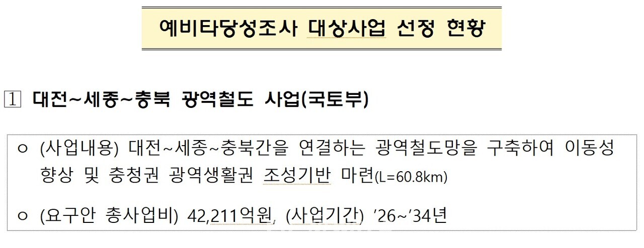 기획재정부가 이날 공표한 대전~세종~충북 광역철도 예타 기본 현황. 
