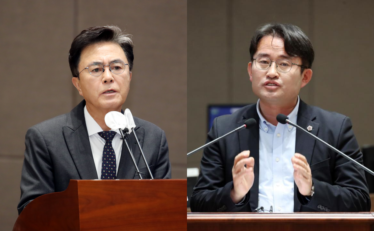 김태흠 충남지사(왼쪽)가 도의회 안장헌 의원(오른쪽)이 질문한 '아산경찰병원 건립'과 관련해 "예타 면제가 쉽지 않은 상황이다. 국무회의 의결을 위해서도 노력할 것"이라고 밝혔다. 도의회 제공. 