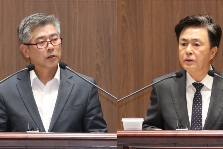 조철기 도의원(왼쪽)이 5일 오후 도의회 본회의장에서 열린 제350회 임시회 1차 본회의에서 김태흠 충남지사의 공약인 '충남 국립의대 신설'과 관련해 지적을 쏟아냈다. 도의회 제공. 