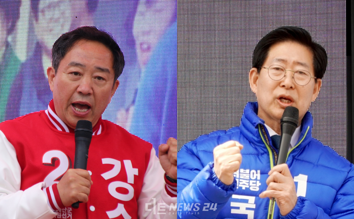 홍성·예산에 출마한 강승규 국민의힘 후보(왼쪽)와 양승조 더불어민주당 후보가 9일 각각 홍성과 내포신도시에서 피날레 유세를 펼쳤다. 김다소미 기자. 