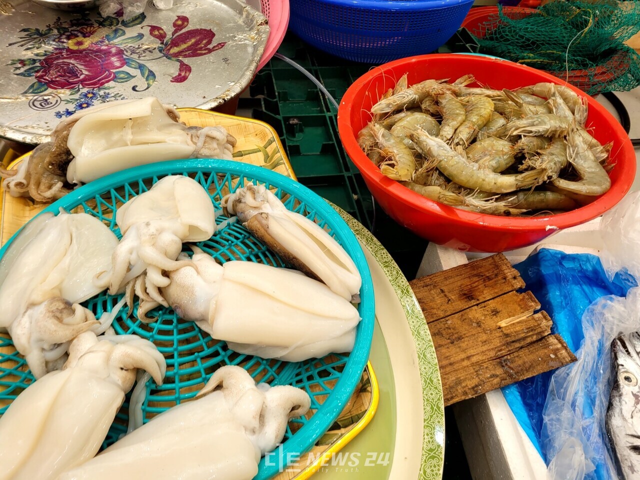 서천특화시장 임시시장에서 다양한 수산물이 판매되고 있다. 김다소미 기자. 