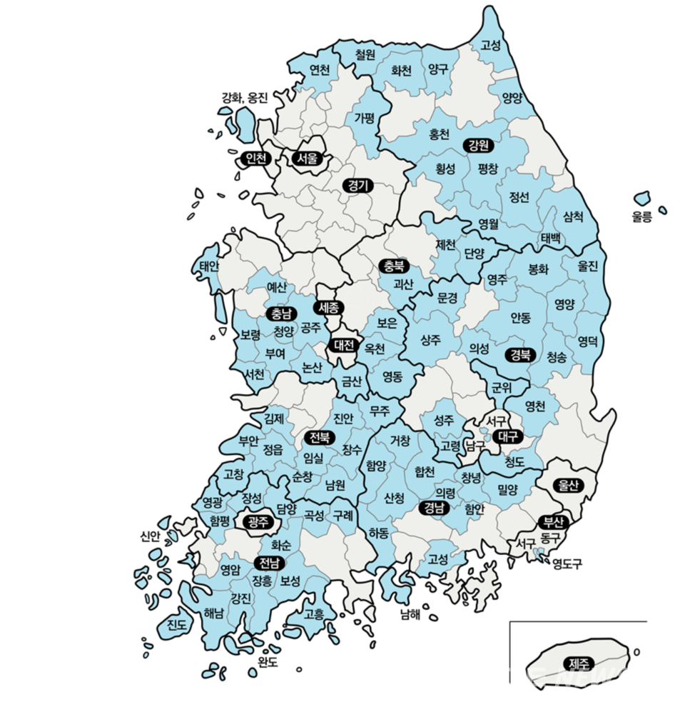 2021년 지정된 인구감소지역 89개 지자체. 자료 행정안전부 제공.