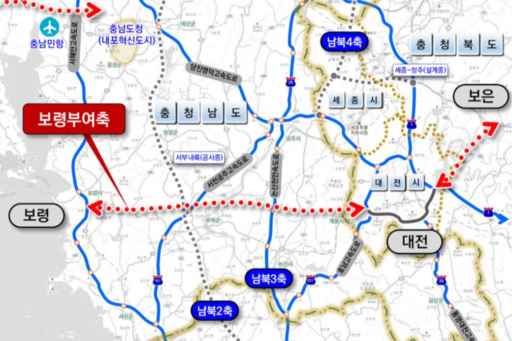제2차 국가도로망계획에 포함된 보령~대전~보은 고속도로 위치도.