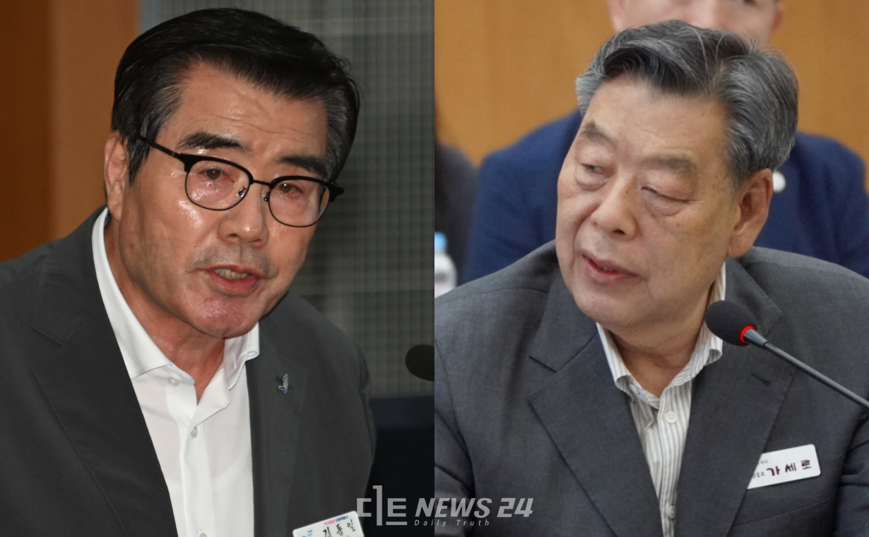 김동일 보령시장(왼쪽)과 가세로 태안군수(오른쪽)이 정부의 석탄화력발전소 단계별 폐지 정책에 따른 대체 에너지 구축에 주력하는 가운데, 한국전력의 송전계통 협의 어려움을 호소했다. 김다소미 기자. 