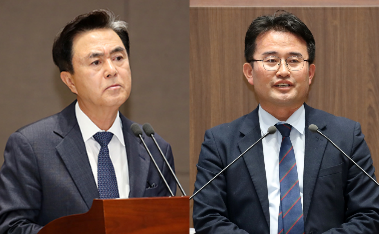 김태흠 충남지사(왼쪽)가 20일 지난달 불거진 윤석열 대통령 과잉의전 논란을 직접 해명했다. 안장헌 의원(오른쪽)은 이날 김 지사에게 "관련해 사실과 다른 오해가 있다. 왜 방치했냐"고 물었다. 충남도의회 제공. 