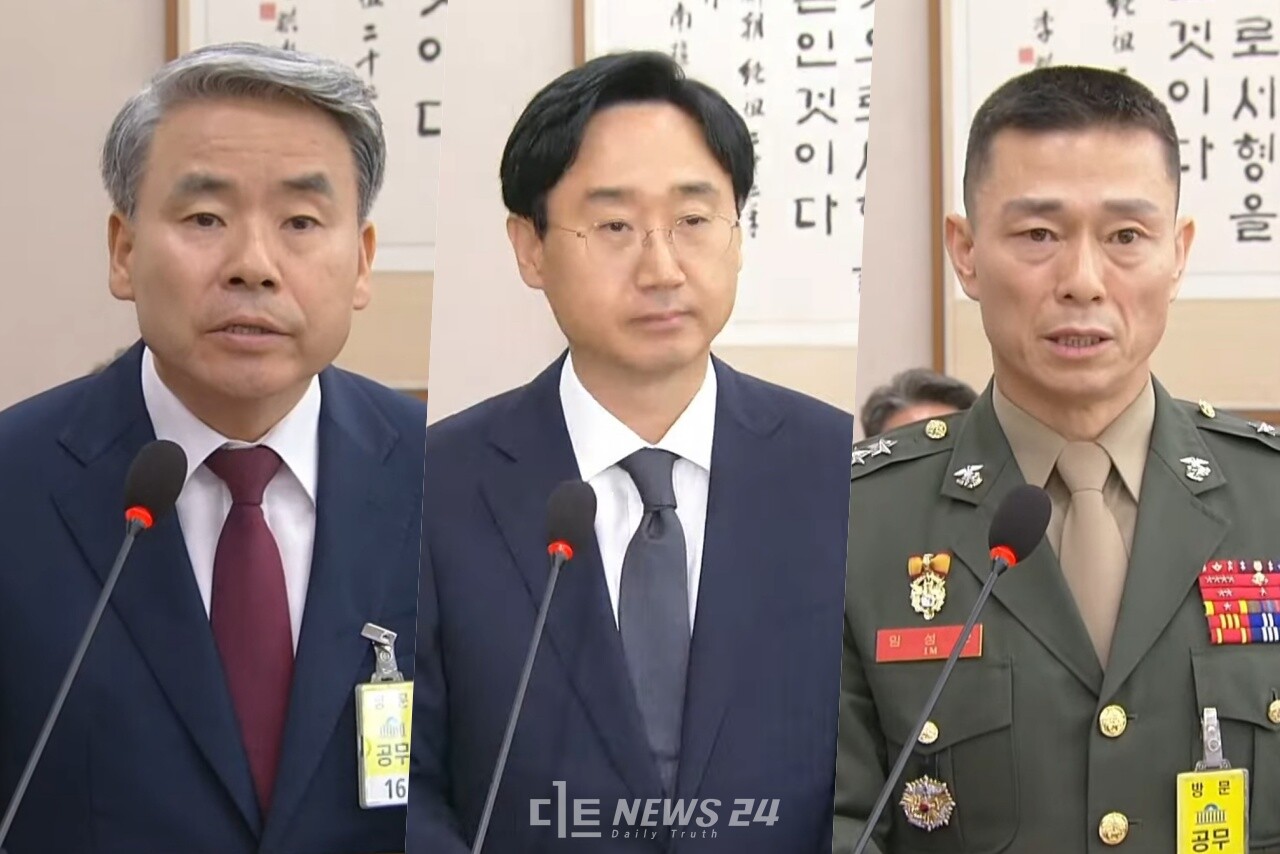 (왼쪽부터)이종섭 전 국방부 장관, 신범철 전 국방부 차관, 임성근 전 해병대 1사단장이 증인 선서 거부 사유를 밝히고 있는 모습. MBC갈무리.