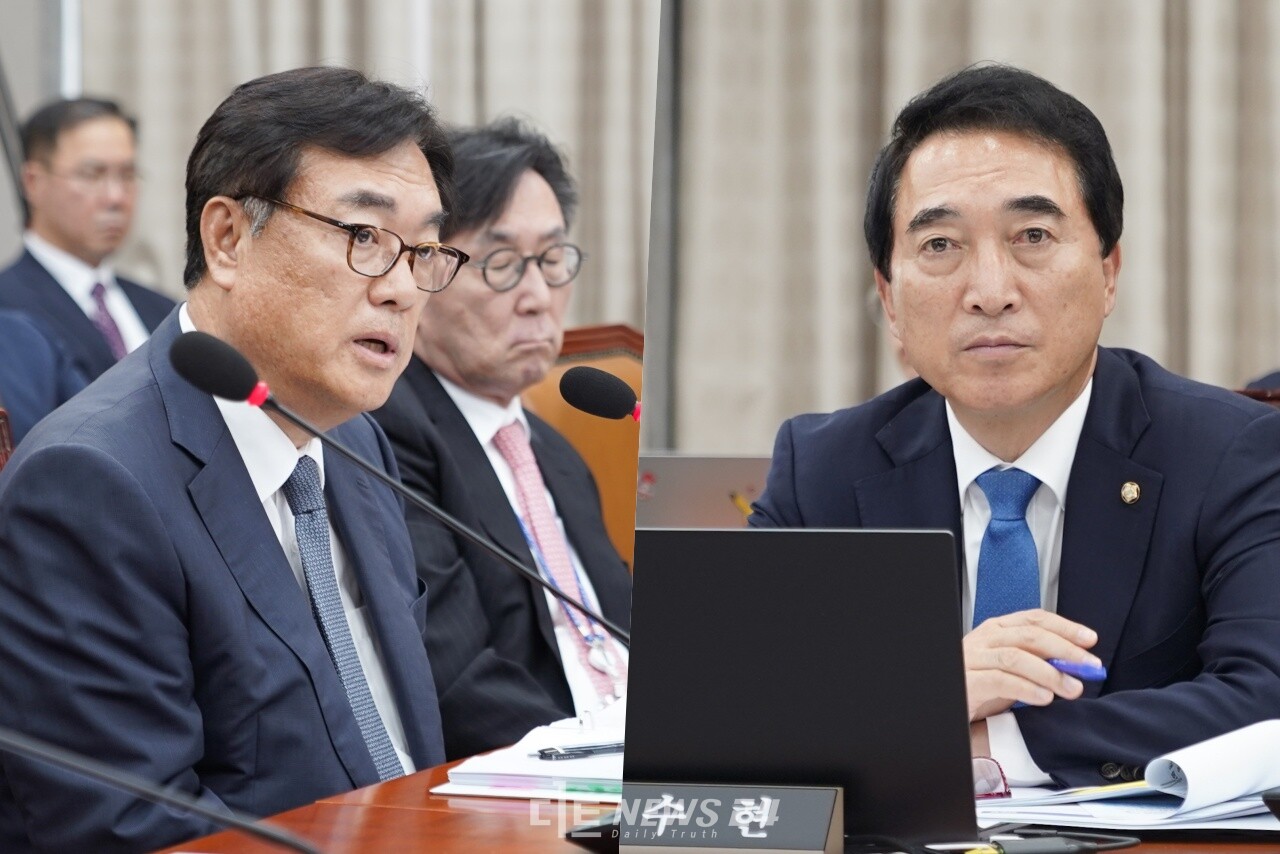 22대 총선 경쟁자였던 박수현 국회의원과 정진석 대통령비서실장이 1일 국회 운영위원회에서 ‘위원’과 ‘증인’으로 다시 만났다. 이들은 질의답변 과정서 지역 현안인 ‘국회 세종의사당’과 ‘대통령 제2집무실’ 세종 설치에 한 목소리를 냈지만, 채상병 특검법 입법청문회를 두곤 격돌하는 모습을 보였다. ⓒ황재돈 기자.