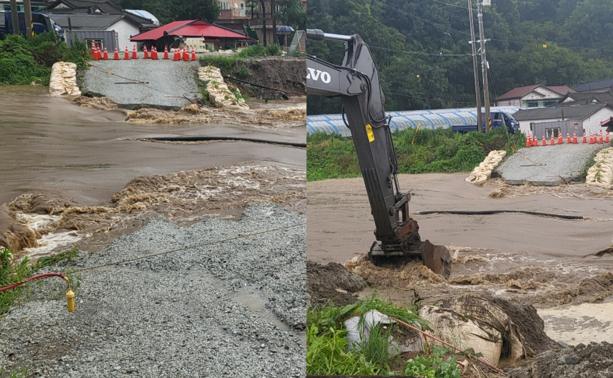 부여 은산면 홍산리 상홍교 가도 임시 철거 모습. 8일 오전 9시 기준 충남 15개 시군에 기상특보가 발효됐다. 독자제공. 
