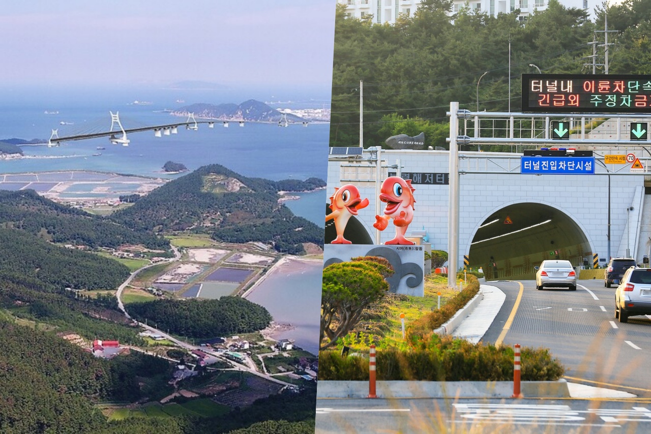 가로림만 해상교량(연륙교) 사업 방식이 교량에서 터널로 선회하려는 움직임이 일고 있다. 왼쪽은 가로림만 해상교량 조감도, 오른쪽은 2021년 개통한 보령 해저터널.