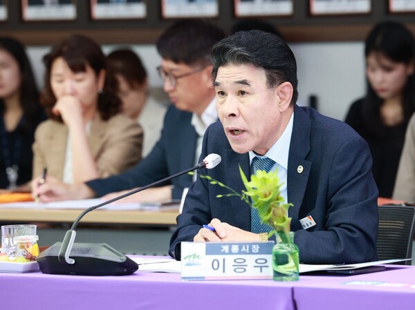충남도 시장군수협의회에서 이응우 계룡시장 발언 모습. 계룡시 제공.