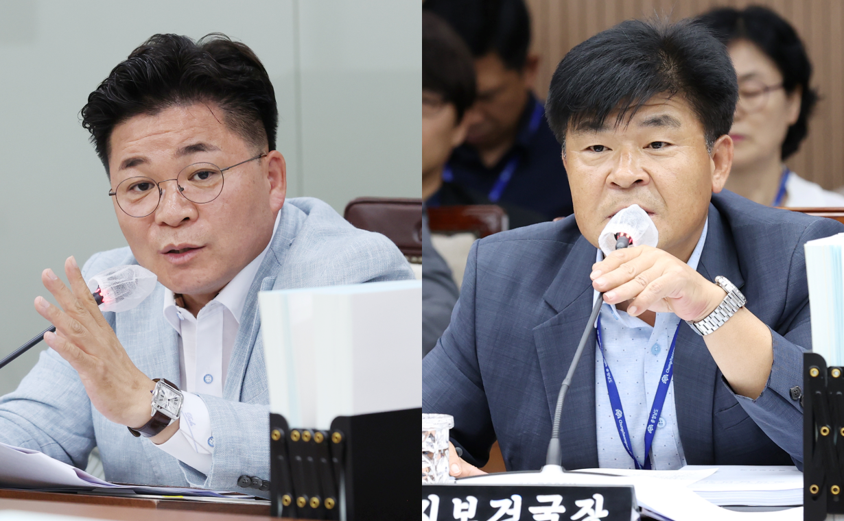 김민수 충남도의원(왼쪽)이 17일 복지보건국을 상대로 한 업무보고에서 '충남형 풀케어'에 우려를 표했다. 재원 마련이 힘들다는 이유에서다. 충남도의회 제공. 