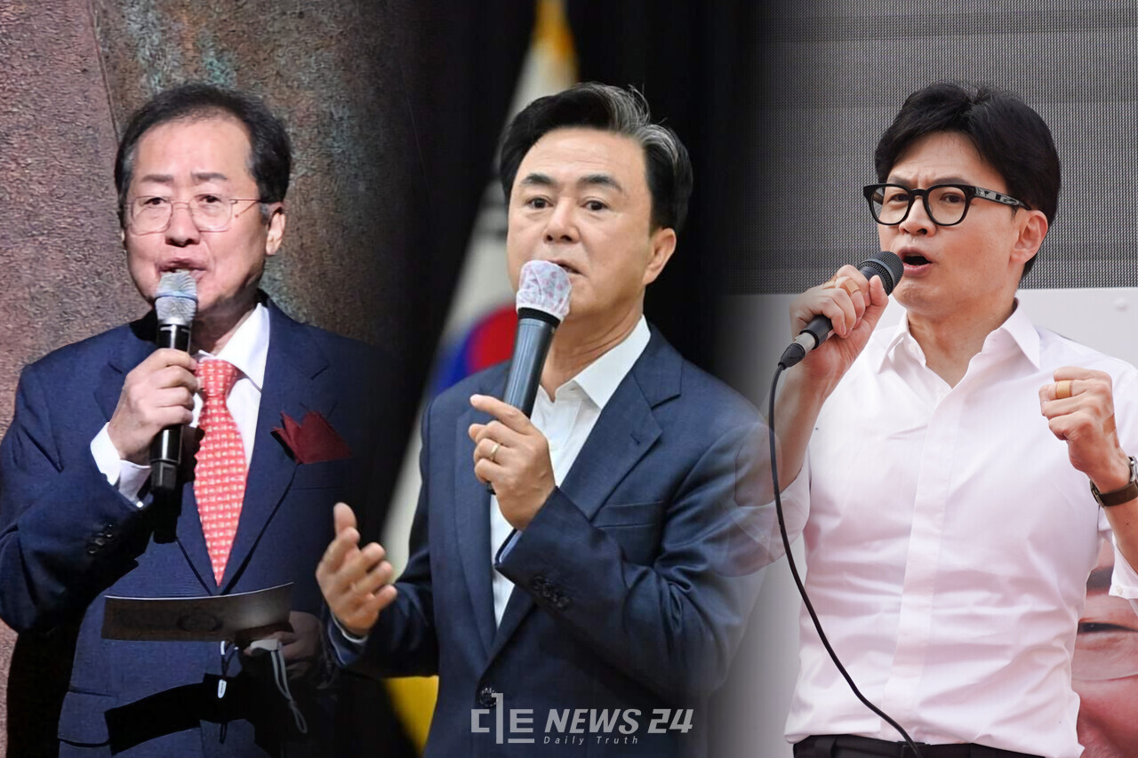 국민의힘 소속 광역단체장이 7·23 전당대회를 앞두고 연일 한동훈 당 대표 후보 때리기에 나섰다. (왼쪽부터) 홍준표 대구시장, 김태흠 충남지사, 한동훈 국민의힘 당대표 후보. ⓒ황재돈 기자. 