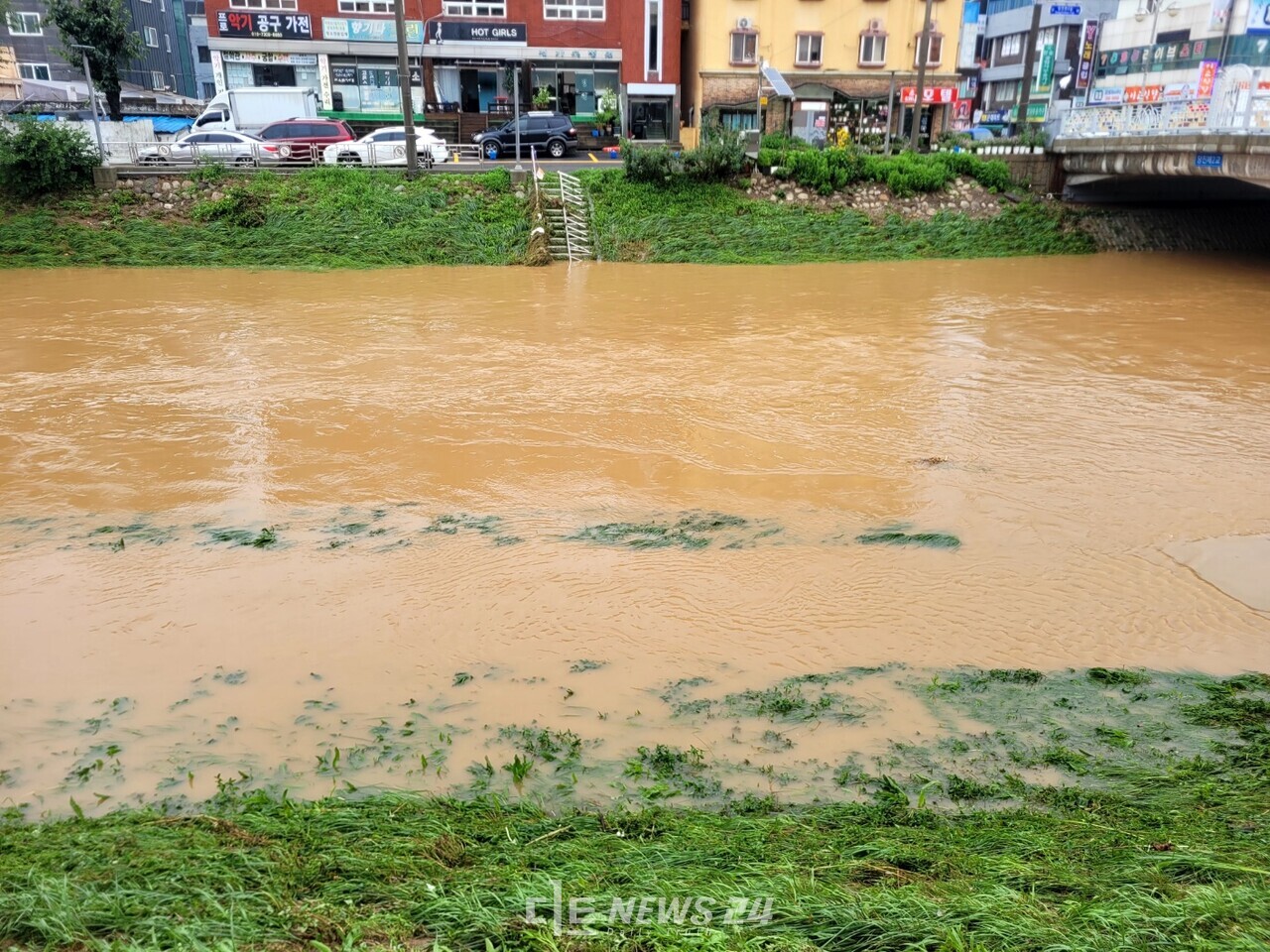 당진시장 인근 당진천 모습. 18일 오후 3시 이후 물은 완전히 빠졌지만 범람 직전 흔적을 그대로 보여주고 있다. 김다소미 기자. 