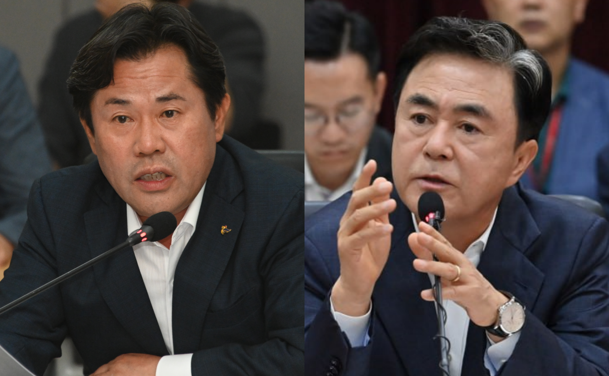 박정현 부여군수(왼쪽)가 31일 ‘혁신도시 특별법’을 놓고 김태흠 충남지사와 견해차를 보이며 각을 세웠다.  김다소미 기자. 