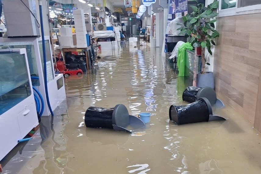 충남 당진시에 17일 밤부터 18일 오후 2시까지 시간당 80㎜의 이르는 폭우가 내렸다. 학교와 시장 등이 침수되는 등 피해가 속출하고 있다. 독자제공. 