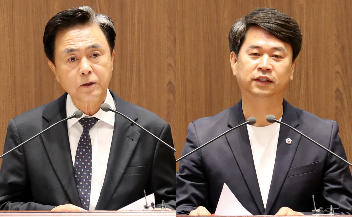 김태흠 지사가 28일 이상근 의원이 질의한 '충남도청 홍성역' 명칭 변경과 관련해 "갈등을 유발하는 것은 적절치 않다. 거시적으로 판단해야 한다"고 일축했다. 도의회 제공. 