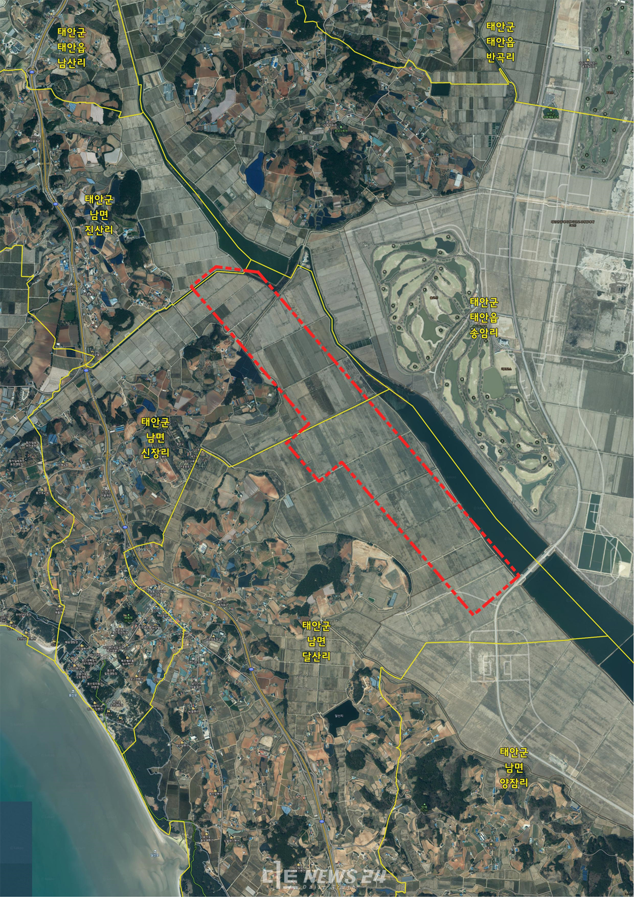 충남도는 태안 남면 달산리 일원에 조성 예정인 ‘국방 미래항공연구센터’ 사업 예정지 186만여㎡(56만 4000여 평)를 토지거래 허가구역으로 지정해 11일 자로 공고했다. 미래항공연구센터가 들어설 태안군 남면 달산리·신장리·진산리 일원 위치도. 충남도