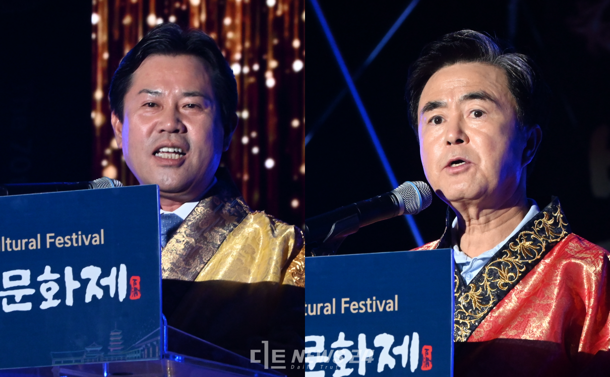 박정현 부여군수(왼쪽)는 개막식에서 "백제와 부여는 여전히 성장중"이라며 백제문화의 다양성과 가능성을 강조했다. 김태흠 충남지사는 "부여군이 역사문화관광도시로 도약했다"며 추후 백제한옥마을 건립 지원을 약속했다. 김다소미 기자. 