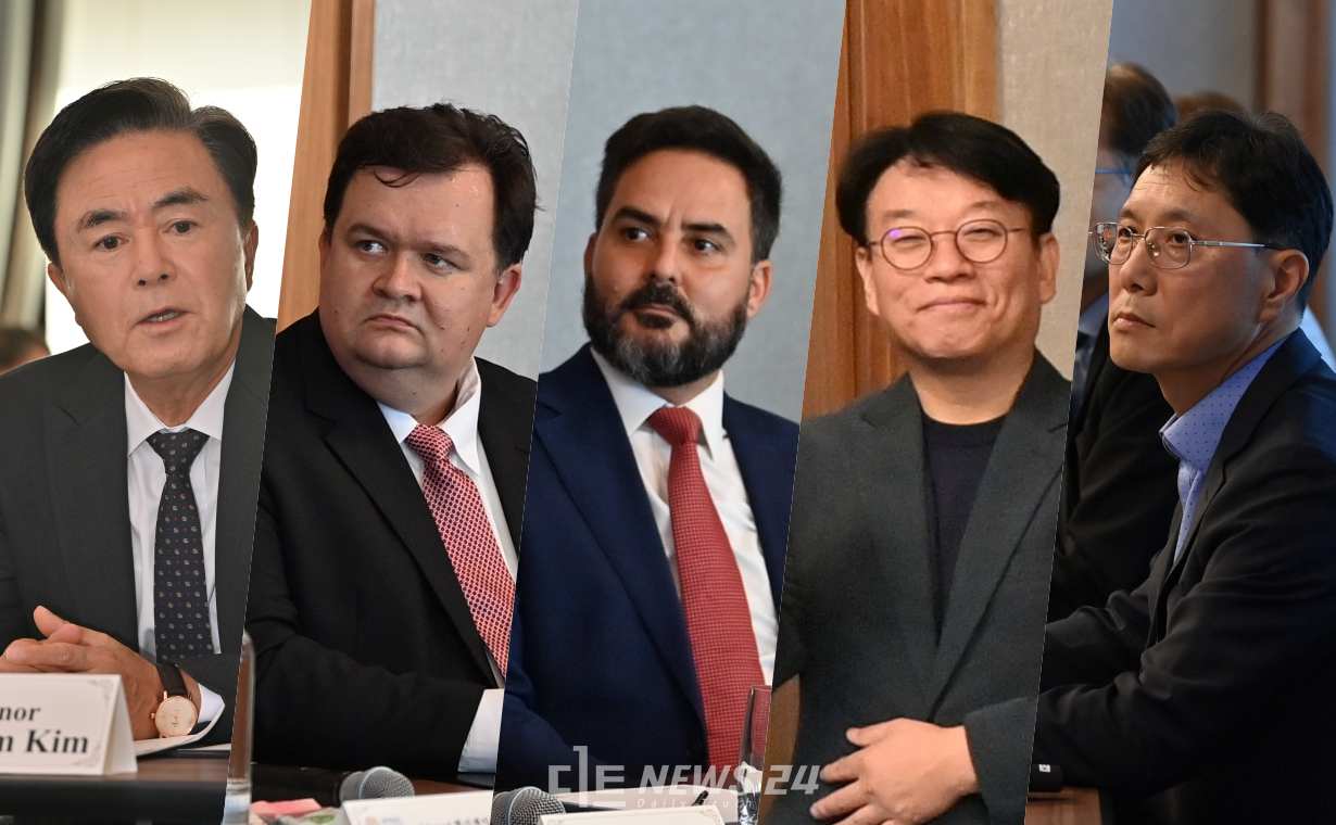 김태흠 충남지사(맨 왼쪽)가 11일(현지시간) 독일 프랑크프루트에서 충남 진출 외국 기업과 독일 진출 한국 기업 관계자들을 연이어 만나 추가적인 투자 요청을 비록해 산업계 전반에 걸친 '탄소중립' 의제를 논의했다. 왼쪽부터 토비아스 뷰트너 파이퍼베큠 총괄제조책임자, 프로틱스의 베리그레이링 재무총괄, 한국타이어 허문환 상무, 현대제철 장영훈 실장. 김다소미 기자. 