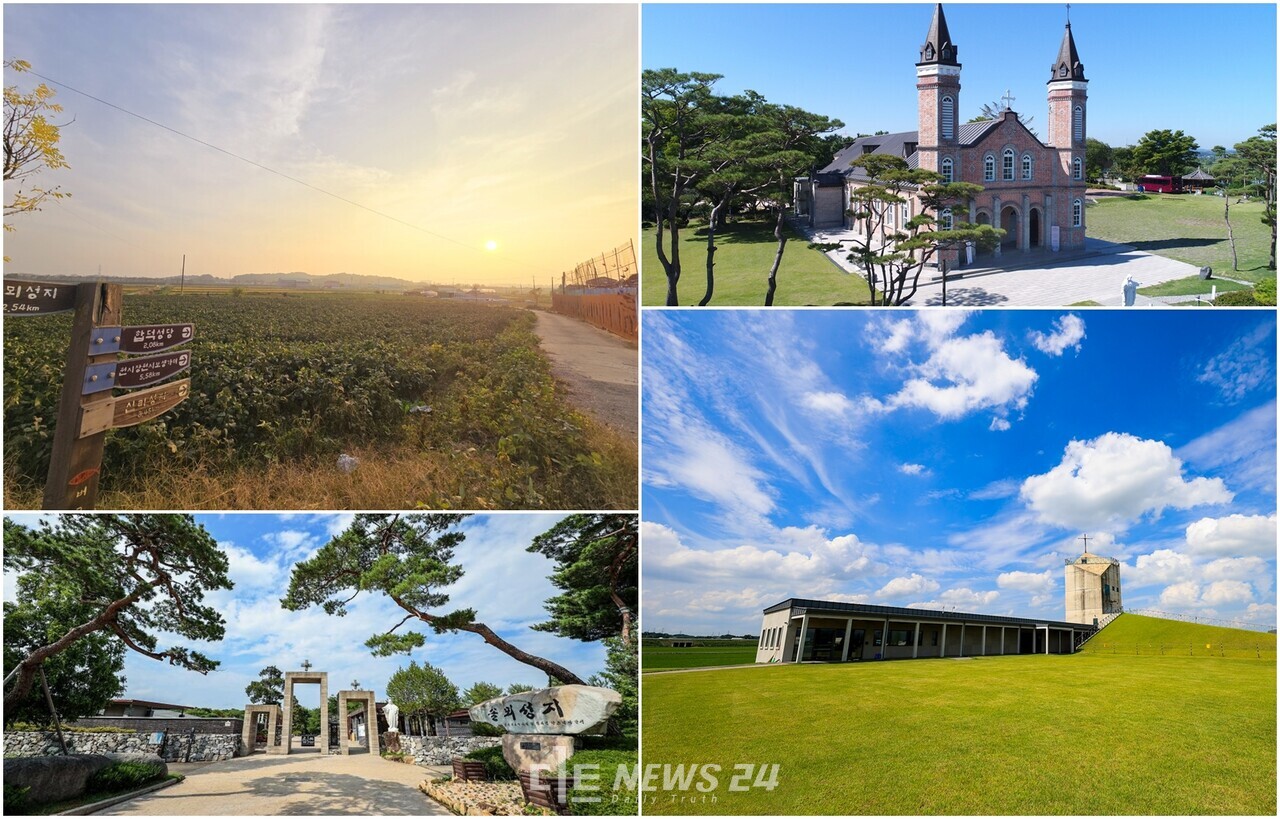 한국 천주교의 못자리이자 요람이라 불리는 많은 천주교 문화유산이 자리하고 있다. 순례길로 이어진 천주교 성지들은 가을이 오면 새로운 옷으로 갈아입는다. 위 왼쪽부터 시계방향으로 버그네순례길, 합덕성당, 신리성지, 솔뫼성지.    당진시 ⓒ디트뉴스