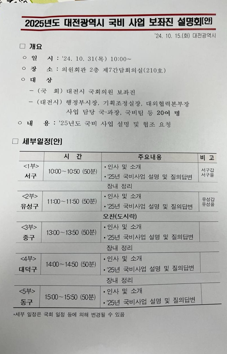 대전시가 각 보좌관에 전달한 대전시 국비사업 보좌진 설명회(안). 민주당 대전시당 제공. 