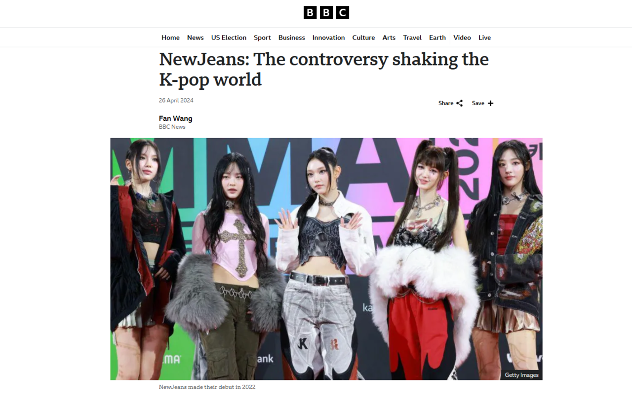 영국 BBC 2024년 4월 26일자 '뉴진스 : 케이팝 세계를 뒤흔드는 논란' (NewJeans: The controversy shaking the K-pop world) 보도 메인 화면. BBC 홈페이지 발췌.