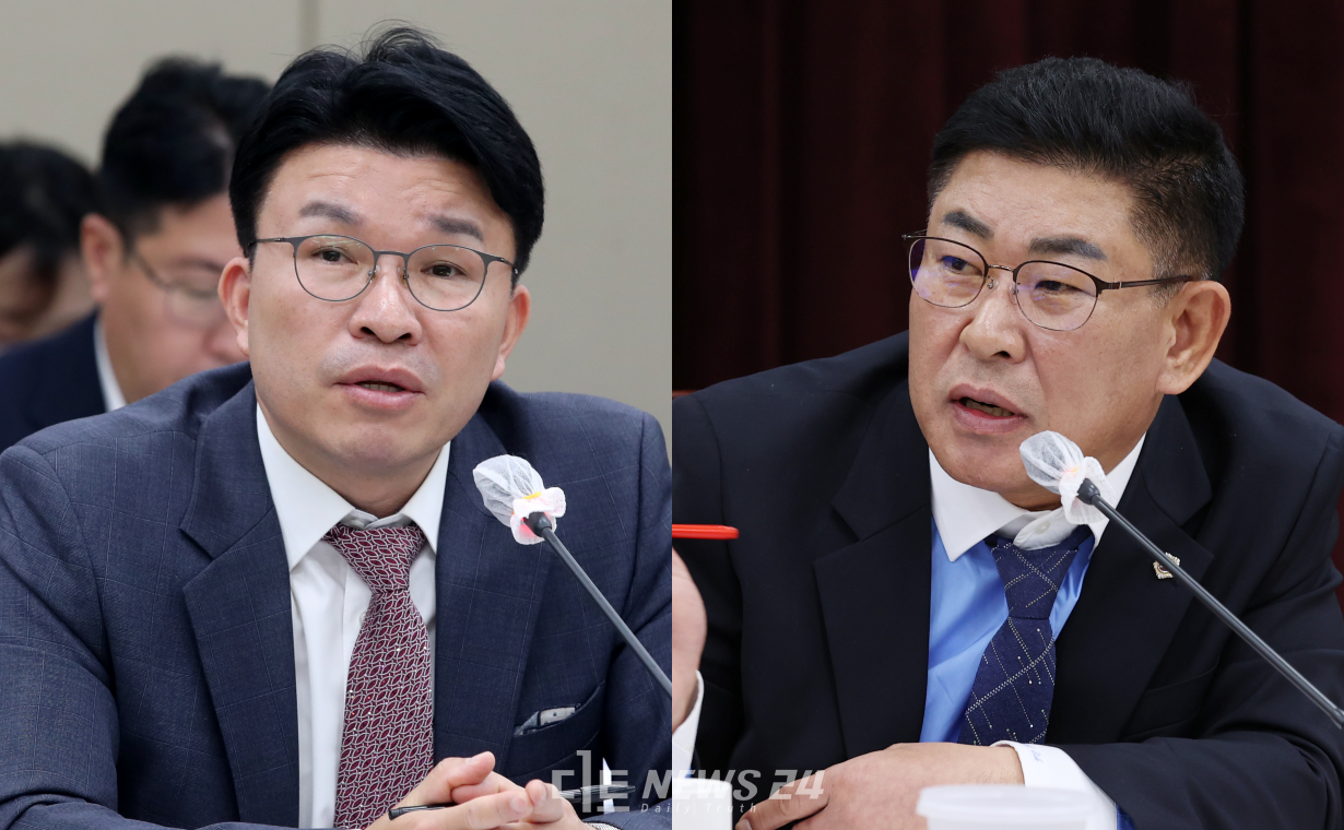 충남도의회 오인철 의원(오른쪽)이 공보관실을 상대로 한 행감에서 KBS충남방송국 설립과 관련해 '방송법 시행령' 개정이 급선무라고 강조했다. 이종필 공보관은 노력하겠다고 답했다. 충남도의회 제공. 