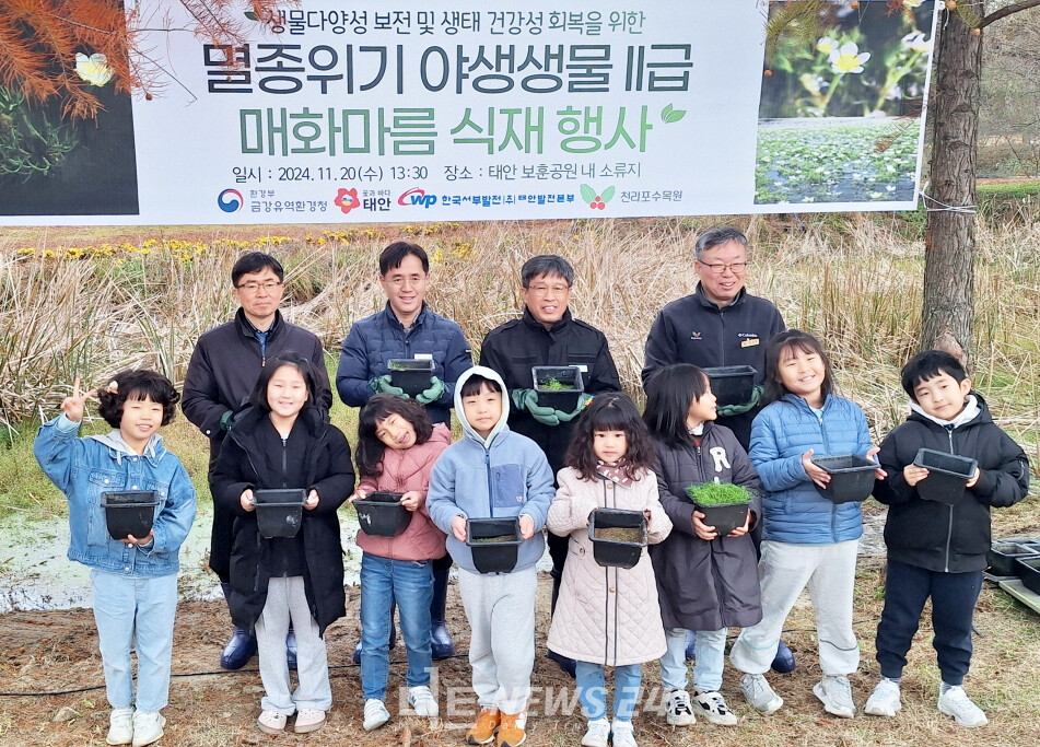 태안군이 원북초 학생, 금강유역환경청, 한국서부발전㈜ 태안발전본부, 천리포수목원과 함께 20일 원북면에 위치한 태안 보훈공원 내 소류지에서 매화마름 식재행사를 열고 기념사진을 찍고 있다. 태안군