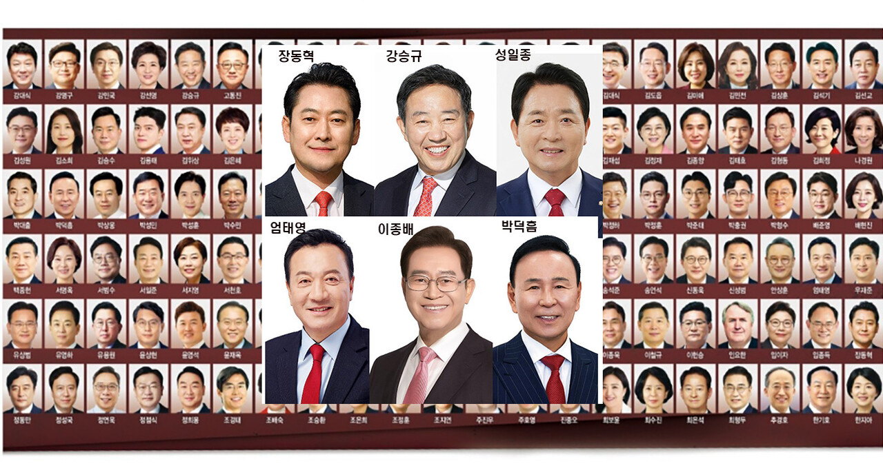 윤석열 탄핵표결에 불참한 충청권 국회의원 6인(사진 가운데). 한겨레 1면 지면이미지 합성. 자료사진.