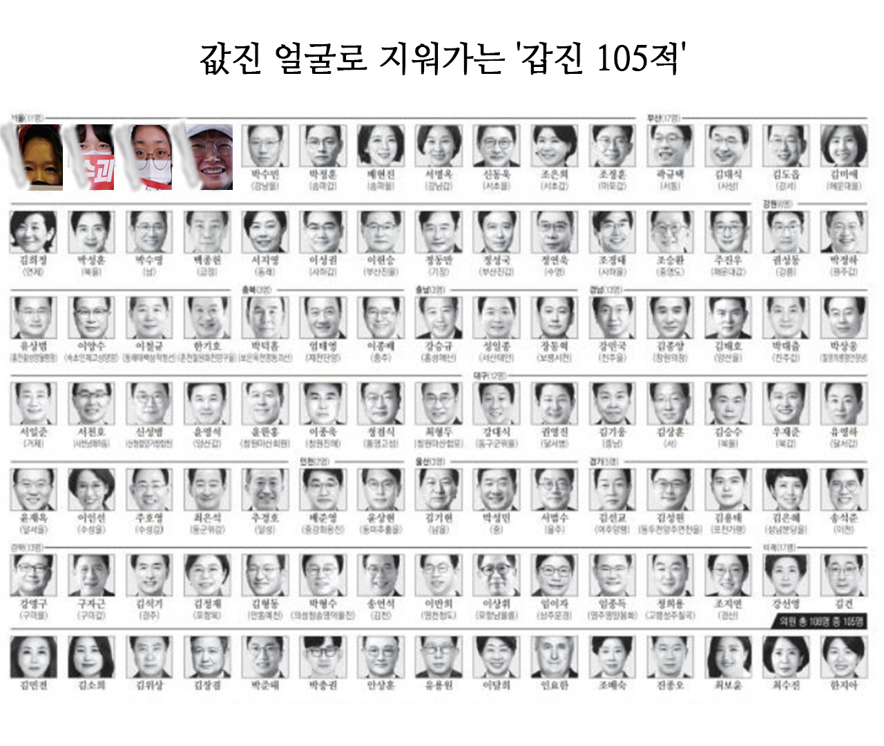 12월 9일자 경향신문 1면 지면 이미지에 릴레이 인터뷰 참여시민 얼굴 합성.  