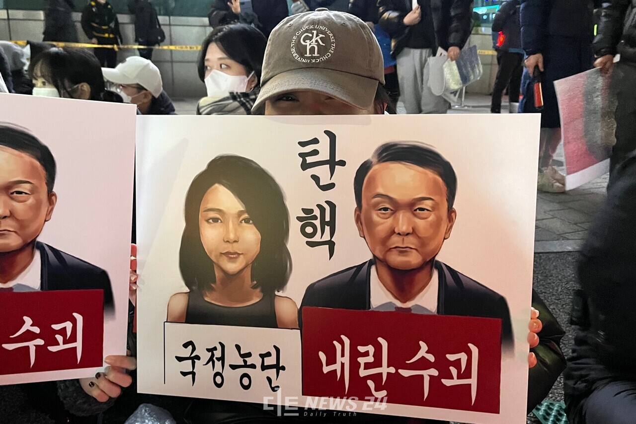 윤석열 탄핵 대전시민대회에 직접 그린 피켓을 만들어 참석한 김00 씨. 유솔아 기자. 