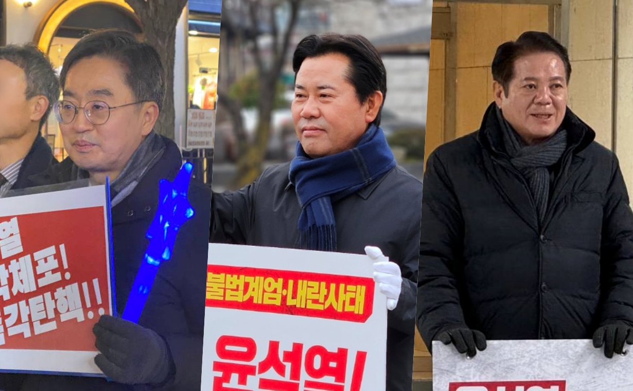 박정현 부여군수(가운데)가 11일부터 윤석열 대통령의 탄핵을 촉구하는 피켓시위와 더불어 국정목표 액자 철거를 시작한 후 전국 민주당 소속 단체장 중심으로 확산되고 있다. 김동연 경기지사(맨 왼쪽)과 최대호 안양시장. 각자 페이스북 갈무리 