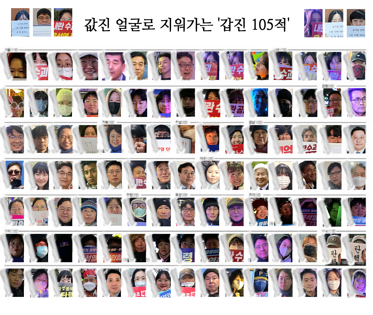 경향신문 1면 사진에 담긴 105명 국민의힘 국회의원 얼굴을 지워나간 시민의 얼굴. 값진 얼굴로 지워나간 '갑진 105적' 시민 릴레이 인터뷰 참여자들. 디트뉴스24. 