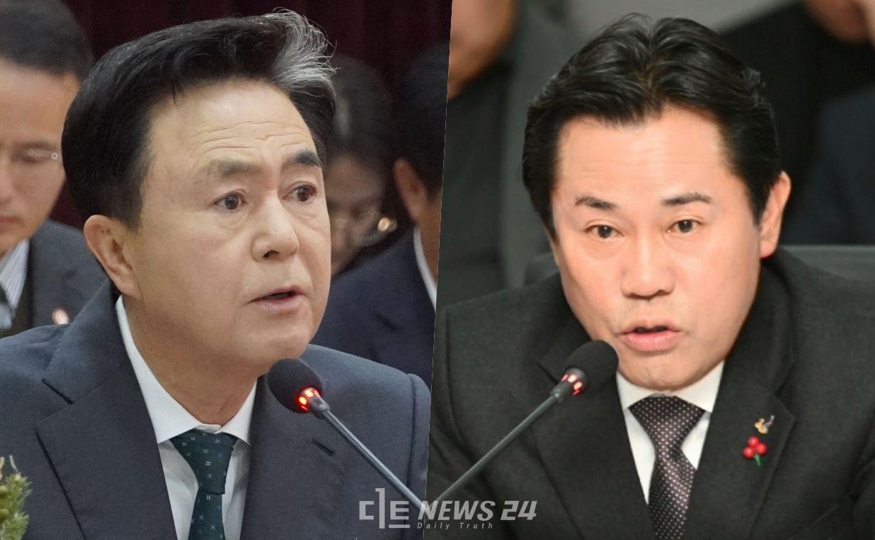 박정현 부여군수(오른쪽)가 27일 충남지방정부회의에서 '대전충남행정통합'과 관련해 이장우 대전시장이 언급했던 '대권 도전'과 '충청대망론'등에 대한 발언에  '정치적 문제'로 변질됐다고 지적했다. 김태흠 충남지사(왼쪽)는 '해석의 문제'라고 평가했다.  김다소미 기자. 