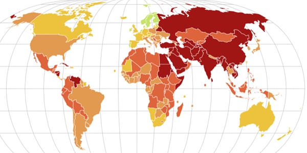 국경없는기자회가 분류한 세계 언론자유지수 분포 지도. 국경없는기자회 제공.