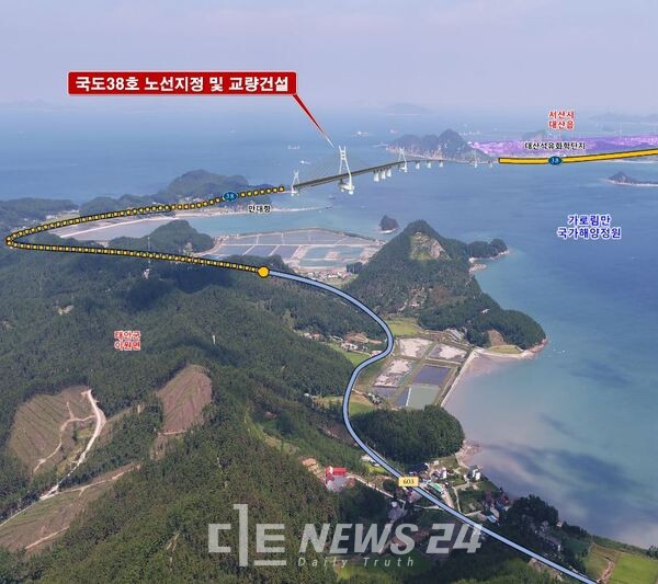 충남도와 태안군이 계획 중인 ​가로림만 해상교량(연륙교). 태안군 이원 내리(왼쪽)와 서산시 대산읍 독곶리를 해상교량 2.65㎞, 접속도로 2.96㎞, 총 연장 5.61㎞로 연결하는 사업이다. 충남도