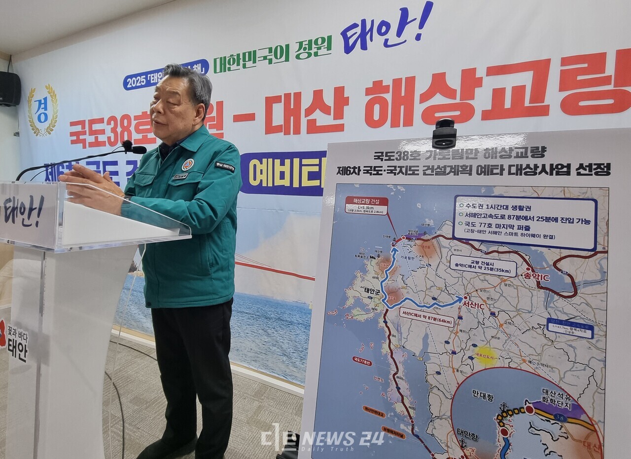  제6차 국도·국지도 건설계획(2026~2030)에 국도 38호선 가로림만 해상교량 건설사업이 예비타당성조사 사업에 포함된 가운데 가세로 태안군수가 23일 군청에서 기자회견을 열고 있다. 한남희 기자