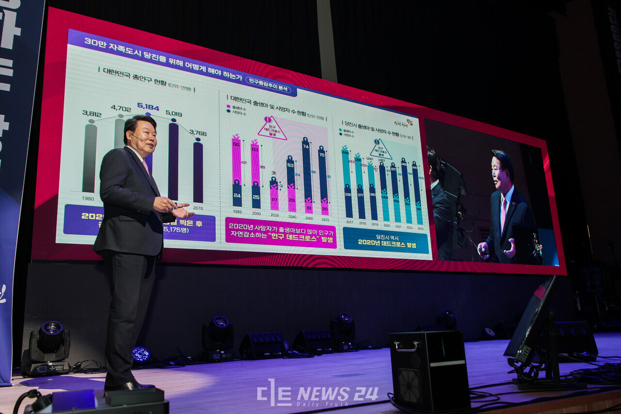 당진시 인구가 2년전부터 매년 2000명 가량 증가하고 있다. 추세대로라면 올 안에 당진시와 서산시 인구가 역전될 것으로 보인다. 지난해 시청 대강당에서 열린 인구정책 비전선포식 모습. 당진시