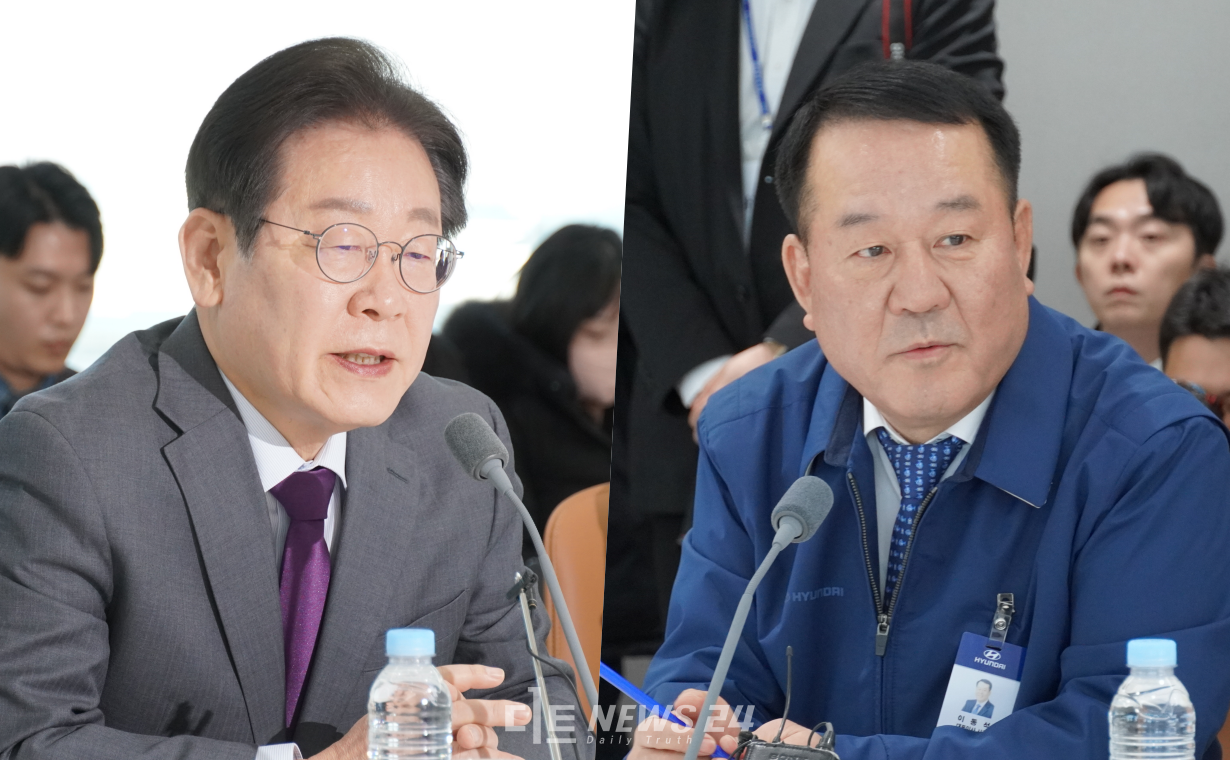 이재명 더불어민주당 대표가 20일 충남 아산 현대자동차 공장을 찾아 미국 트럼프가 촉발한 '관세 전쟁'에 가장 큰 영향을 받을 것으로 전망되는 국내 자동차 업계와 간담회를 열었다. 이동석 사장은 실제 어려움을 호소하며 정치원의 지원을 촉구했다. 김다소미 기자. 