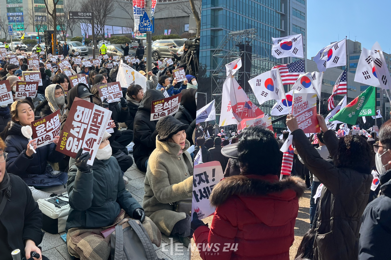22일 대전에서 윤석열 파면을 촉구하는 26차 대전시민대회(왼쪽)와 윤석열 탄핵을 반대하는 세이브코리아 국가비상기도회가 열렸다. 유솔아 기자. 