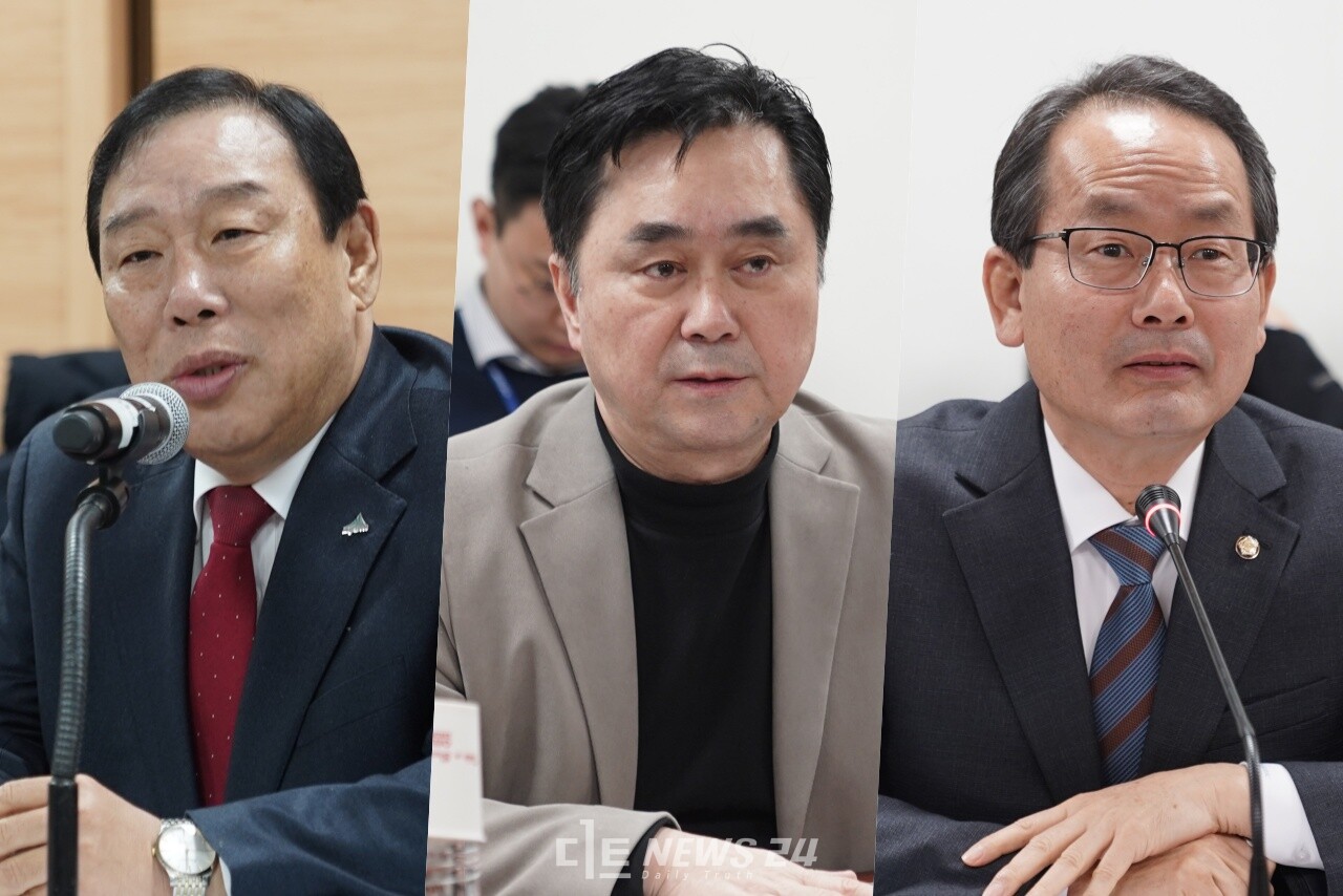 세종시는 지난 25일 국회의원회관에서 지역 국회의원 초청 시정간담회를 열었다. 이 자리에선 대통령실 세종 이전 관련 언급이 잇따랐다. (왼쪽부터)최민호 세종시장, 김종민 세종갑 국회의원, 강준현 세종을 국회의원. ⓒ황재돈 기자.