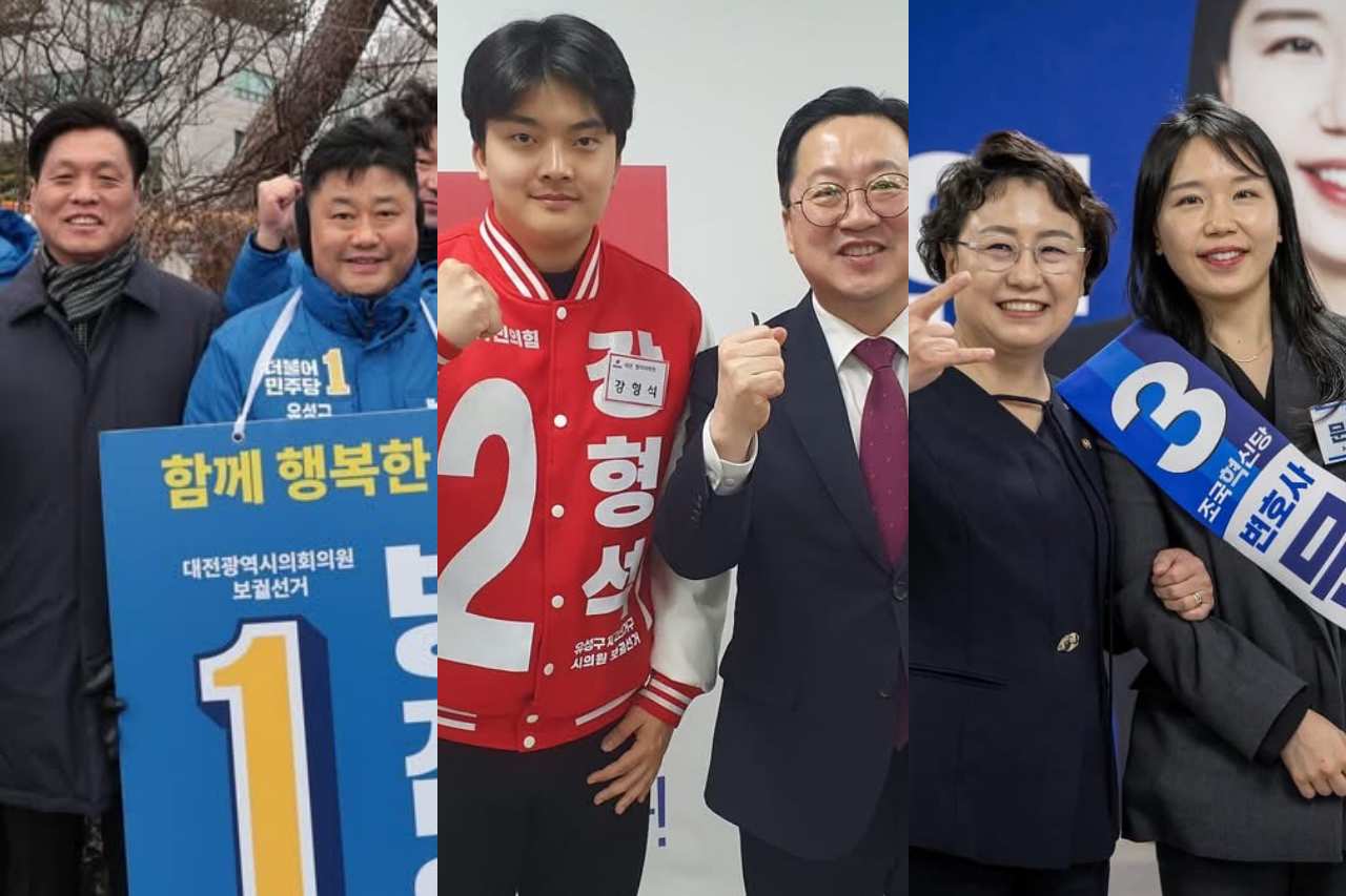 대전 여야가 오는 4월로 예정된 대전시의원 보궐선거에 화력을 집중하고 있다. 왼쪽부터 조승래 국회의원, 방진영 더불어민주당 예비후보, 강형석 국민의힘 예비후보, 이장우 대전시장, 김선민 조국혁신당 당대표 권한대행, 문수연 조국혁신당 예비후보. 각 예비후보 페이스북 갈무리. 