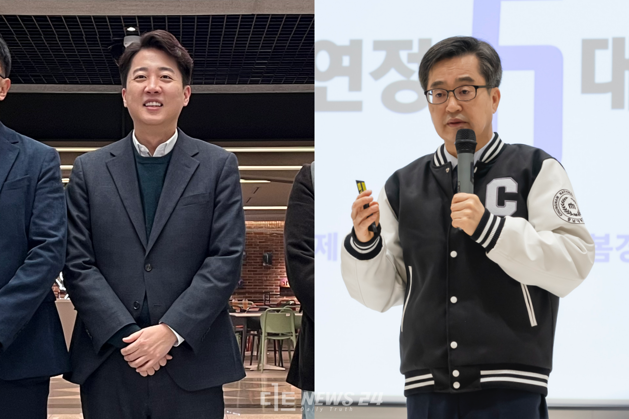 윤석열 대통령 탄핵 심판 선고가 임박하면서 대권 주자들이 충청권 공략에 나섰다. 이준석 개혁신당 의원이 13일 유성구 LG 에너지솔루션 기술연구원에 방문한 모습(왼쪽)과 김동연 경기지사가 12일 충남대에서 강연하는 모습. 유솔아 기자, 경기도 제공. 