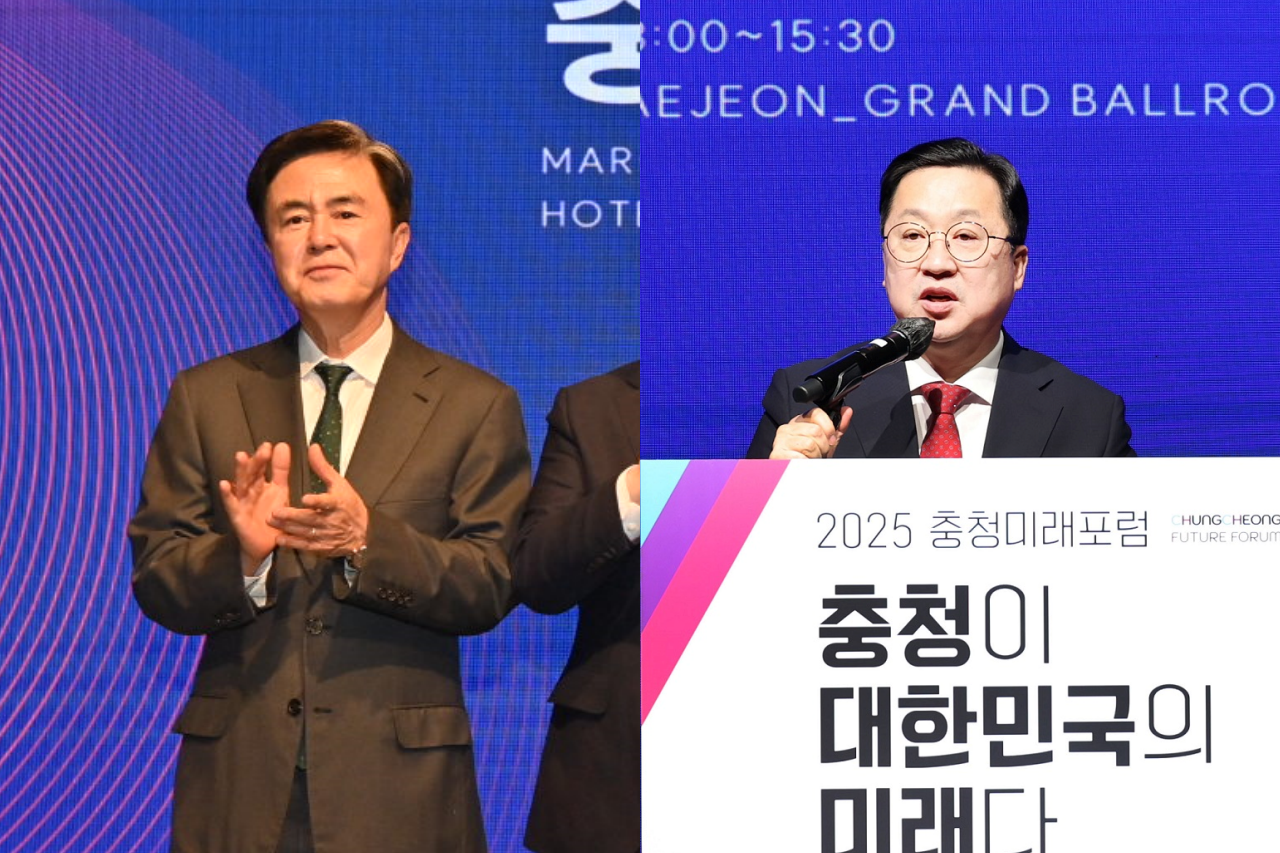사진 왼쪽부터 20일 열린 충청미래포럼에 참석한 김태흠 충남지사, 이장우 대전시장. 충남도, 대전시 제공.
