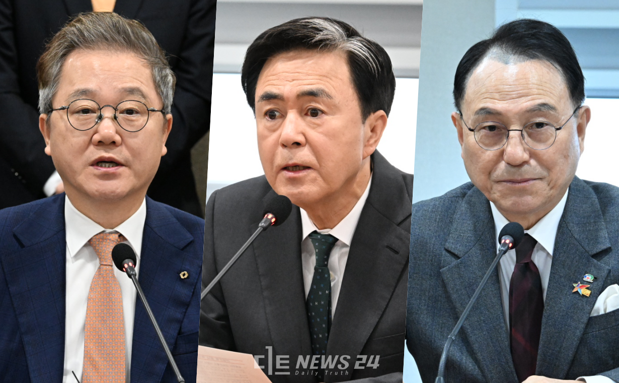 왼쪽부터 강석훈 한국산업은행 회장, 김태흠 지사, 박상돈 천안시장. 김다소미 기자. 