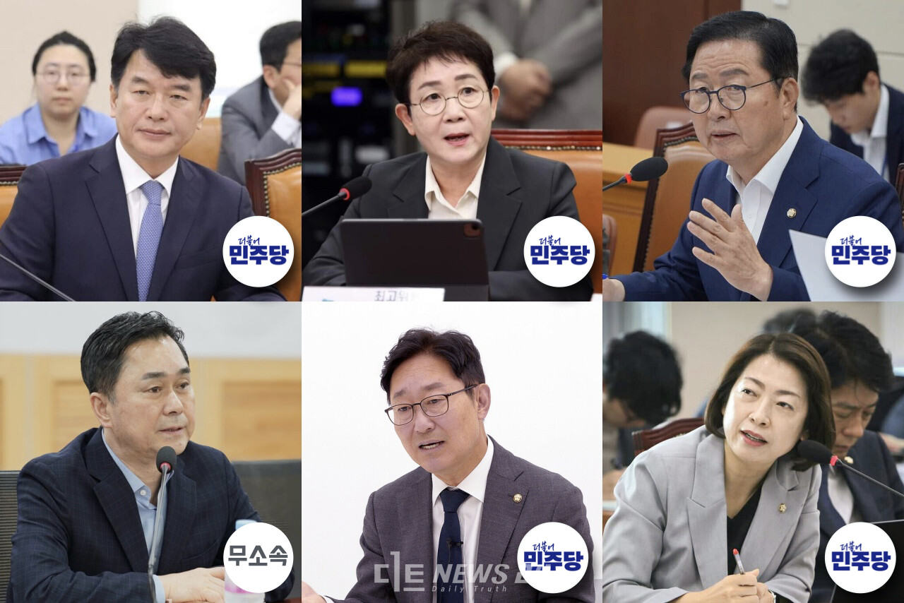 충청 야권 정치인이 1일 헌법재판소 윤석열 대통령 탄핵심판 선고기일 지정을 환영하는 모습이다. 이들은 SNS 등을 통해 선고기일 지정 사실을 알리고 윤 대통령 파면을 기대했다. (윗줄 왼쪽부터 시계방향) 문진석·박정현·장종태·황정아·박범계·김종민 의원. ⓒ황재돈 기자. 