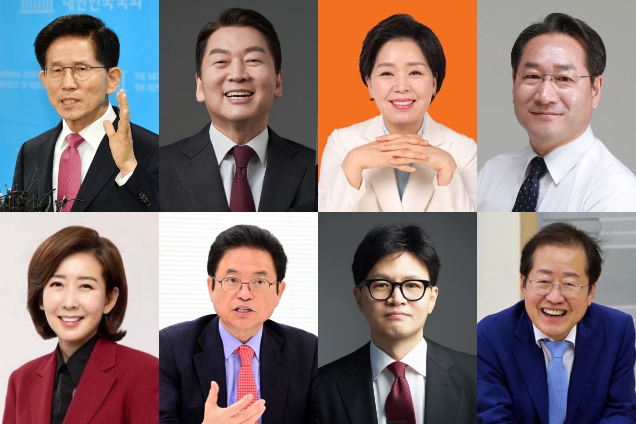 국민의힘 대선 경선 후보가 17일 여의도 중앙당사에서 열린 1차 경선 토론회 미디어데이에서 저마다 이재명 전 더불어민주당 대표 대항마를 자처했다. A조(윗줄 왼쪽부터)  김문수안철수양향자유정복 후보, B조(아랫줄 왼쪽부터)나경원이철우한동훈홍준표 후보. 가나다순. 디트뉴스DB.