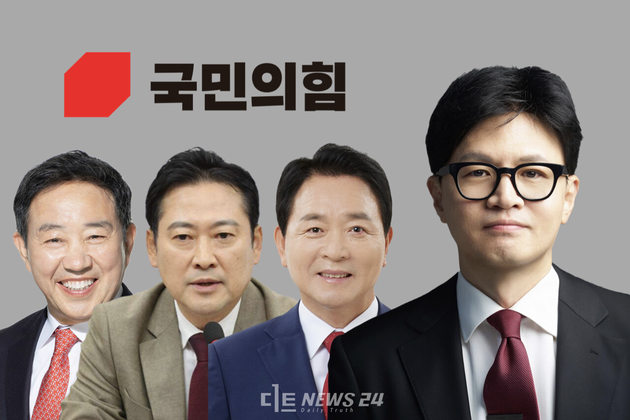 충청 보수 정치권이 외면한 한동훈 전 국민의힘 대표가 차기 대통령 선호도 조사에서 보수진영 내 1위를 차지한 것으로 나타났다. 전국 조사는 물론 지역을 대상으로 한 여론조사에서도 선두를 달렸다. 사진은 왼쪽부터 강승규·장동혁·성일종 국회의원, 한동훈 전 국민의힘 대표. ⓒ황재돈 기자. 