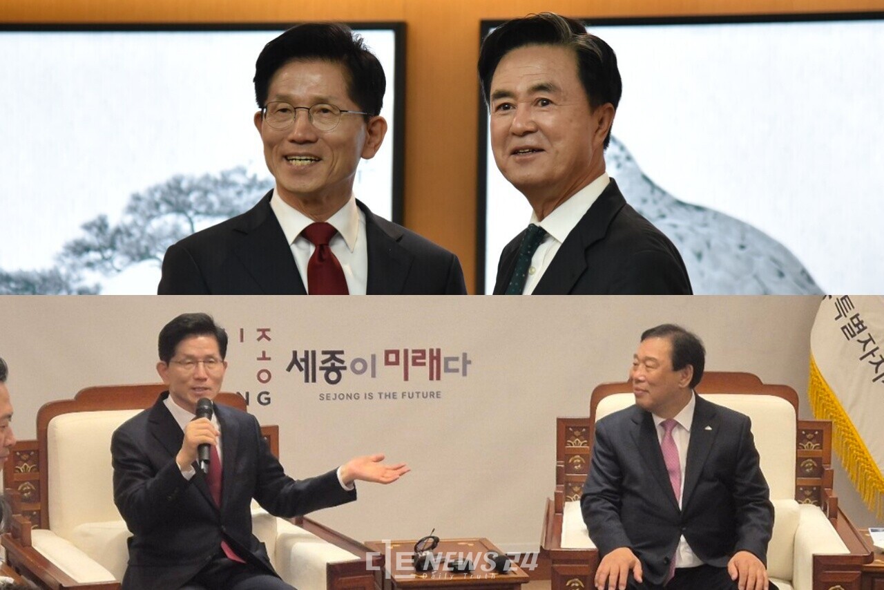 김문수 국민의힘 대선 경선 후보가 1일 김태흠 충남지사(위)와 최민호 세종시장을 만난 모습. 사진=장중식·김다소미 기자 